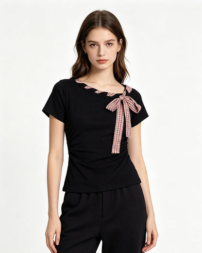 Bow Detail Fitted Short Sleeve Top