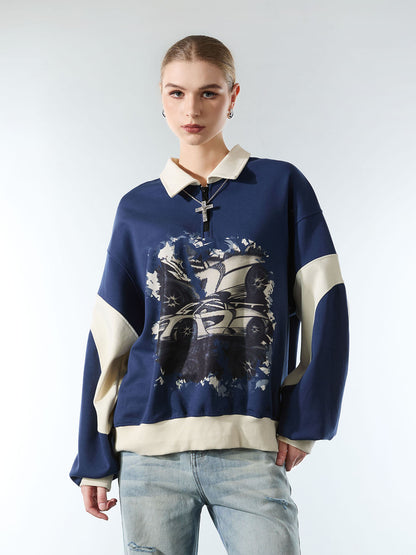 Original Racing Style Print Lapel Sweatshirt; Purplish Blue / S, Purplish Blue / M, Purplish Blue / L, Purplish Blue / XL, Purplish Blue / 2XL, Purplish Blue / 3XL