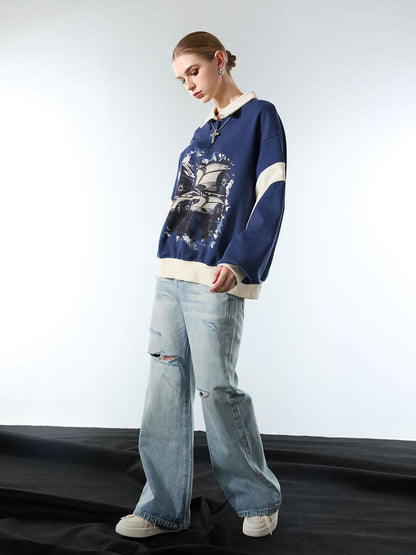 Original Racing Style Print Lapel Sweatshirt; Purplish Blue / S, Purplish Blue / M, Purplish Blue / L, Purplish Blue / XL, Purplish Blue / 2XL, Purplish Blue / 3XL