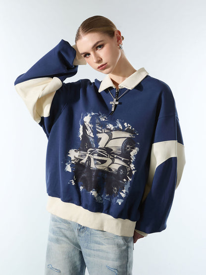 Original Racing Style Print Lapel Sweatshirt; Purplish Blue / S, Purplish Blue / M, Purplish Blue / L, Purplish Blue / XL, Purplish Blue / 2XL, Purplish Blue / 3XL