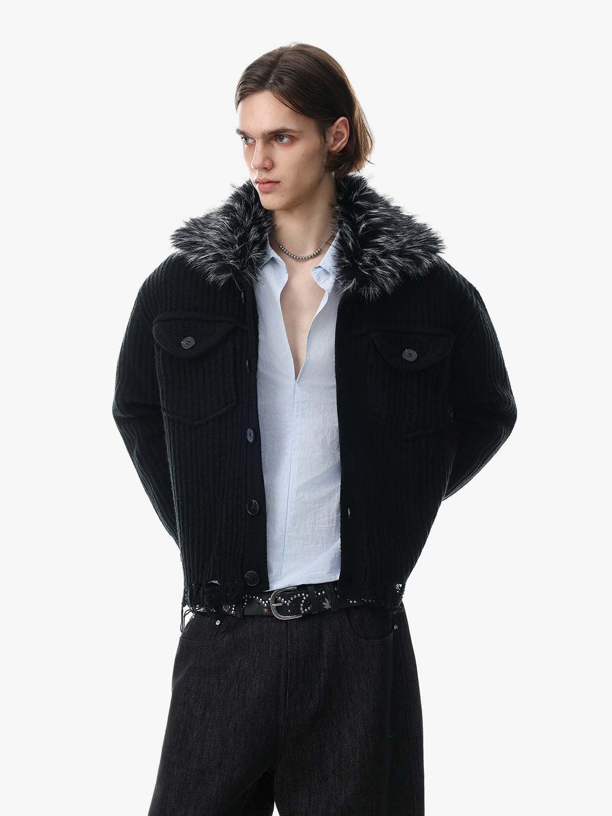 Faux-Fur Collar Distressed Knit Cardigan