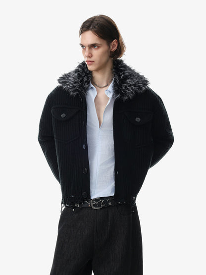 Faux-Fur Collar Distressed Knit Cardigan