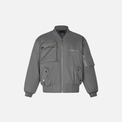 Front view of the grey Retro Classic Multi-Pocket Bomber Jacket in a gray background 