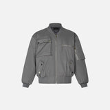 Front view of the grey Retro Classic Multi-Pocket Bomber Jacket in a gray background 