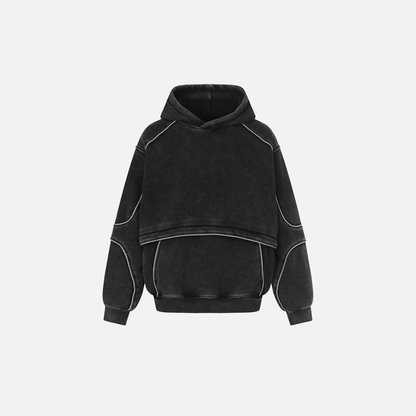 Washed Distressed Front Pocket Spliced Hoodie