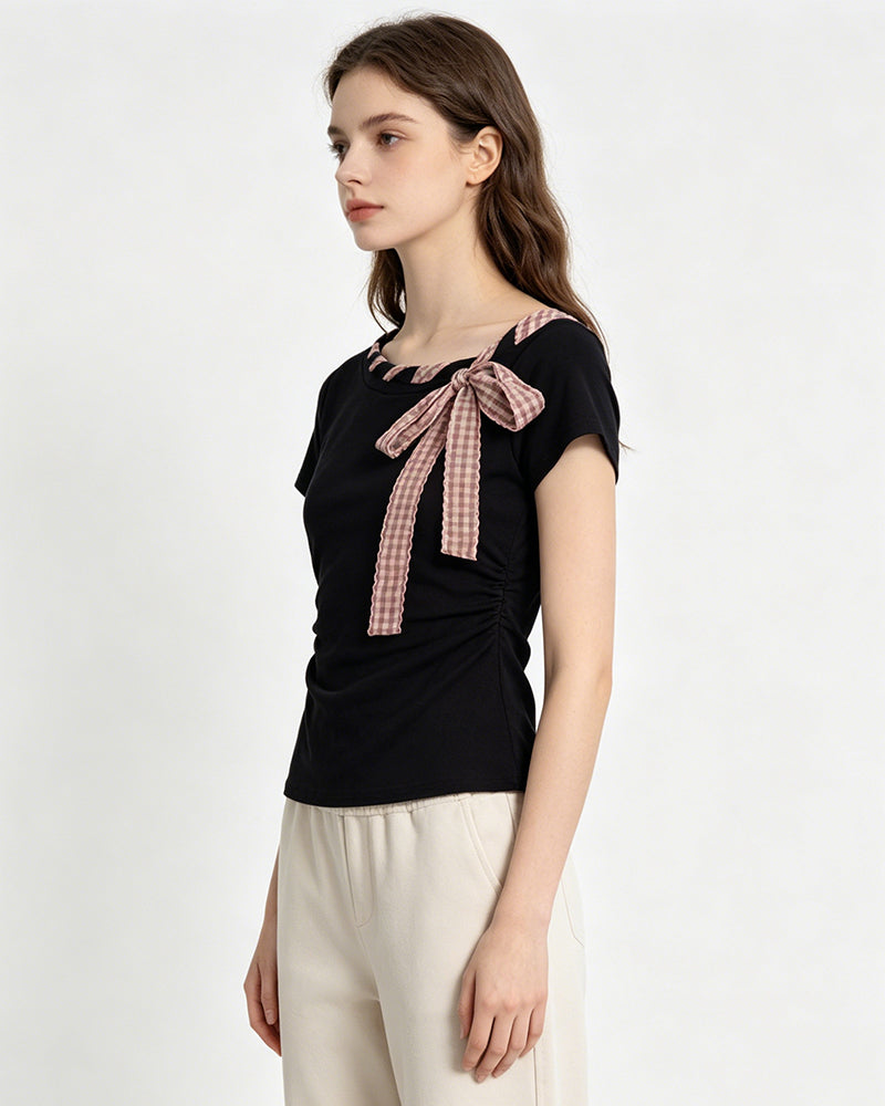 Bow Detail Fitted Short Sleeve Top