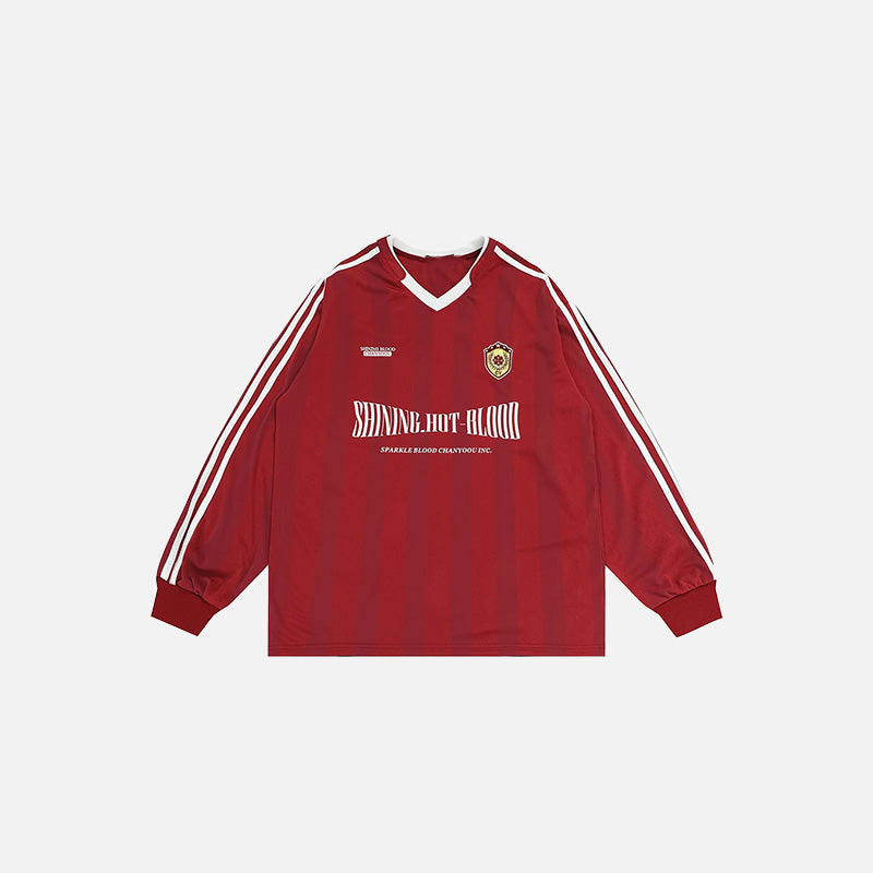 Front view of the red Epic Rivalry T-shirt in a gray background