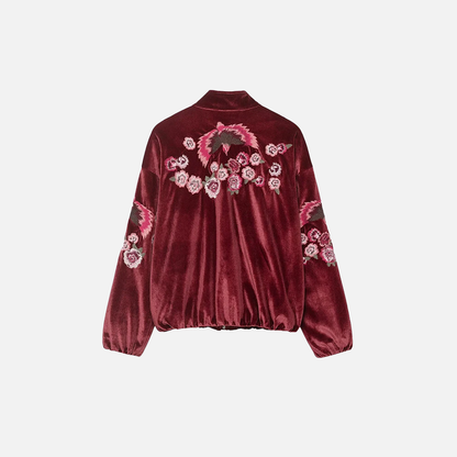 Vintage Red Embroidery Zipper Faux Fur Jacket
