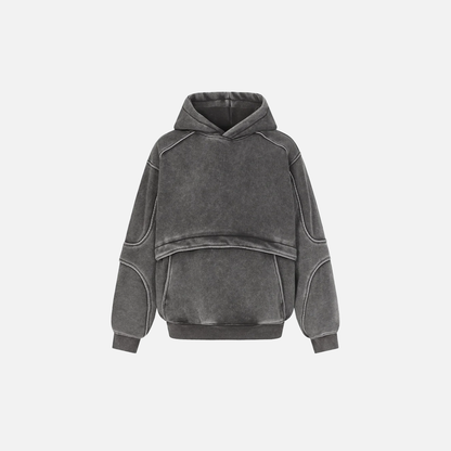 Washed Distressed Front Pocket Spliced Hoodie