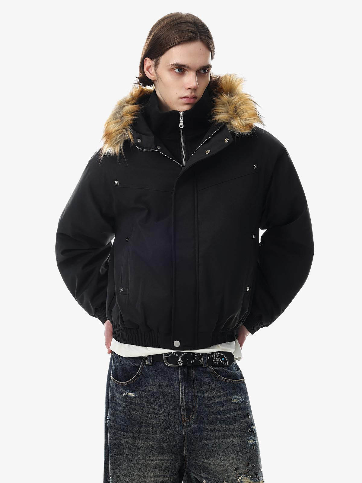 Deconstructed Layered Hooded Faux-Fur Collar Puffer Jacket; Black / S, Black / M, Black / L, Black / XL