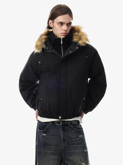 Deconstructed Layered Hooded Faux-Fur Collar Puffer Jacket; Black / S, Black / M, Black / L, Black / XL