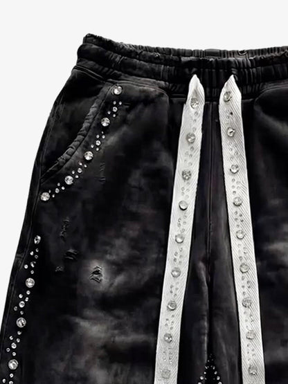Distressed Rhinestone Sweatpants; Black / S, Black / M, Black / L, Black / XL, Black / 2XL