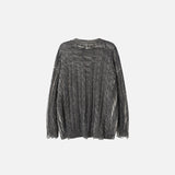 Back view of the gray Distressed Cable Knit Sweater in a gray background