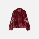 Vintage Red Embroidery Zipper Faux Fur Jacket