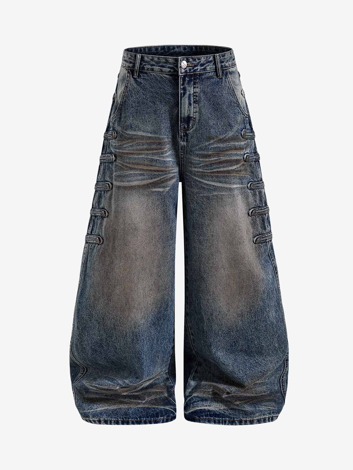 Studded Curved-Seam Washed Wide-Leg Jeans
