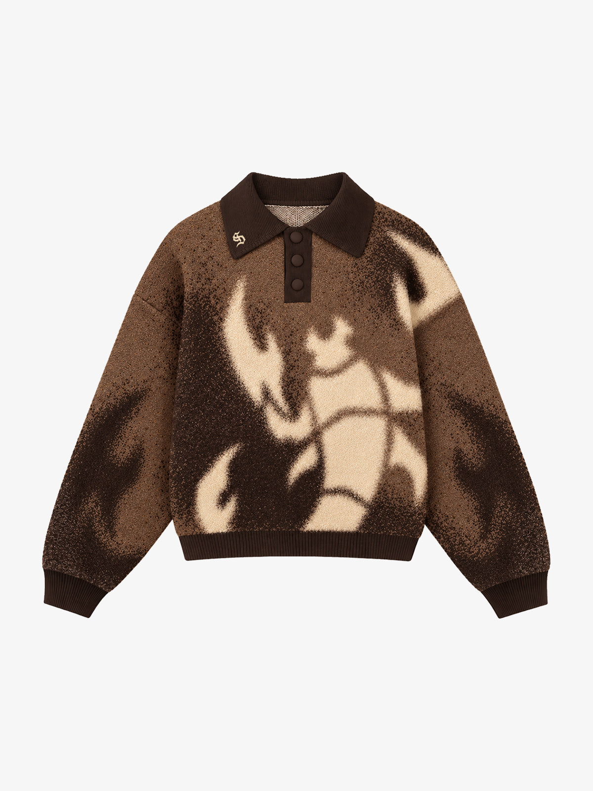 Abstract Spray Graphic Jacquard Knit Polo Sweater; Dark Brown / S, Dark Brown / M, Dark Brown / L, Dark Brown / XL, Dark Brown / 2XL