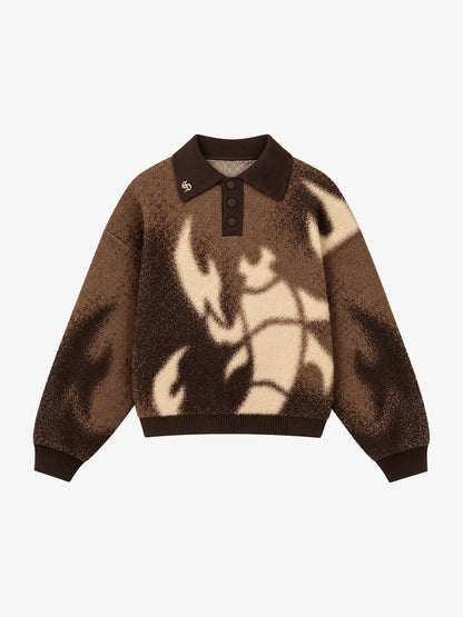 Abstract Spray Graphic Jacquard Knit Polo Sweater; Dark Brown / S, Dark Brown / M, Dark Brown / L, Dark Brown / XL, Dark Brown / 2XL