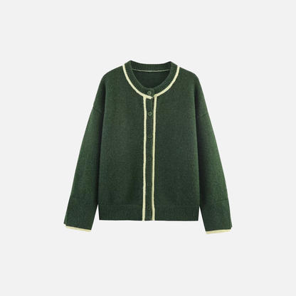 Contrast Color Round Neck Long Sleeve Knit Cardigan