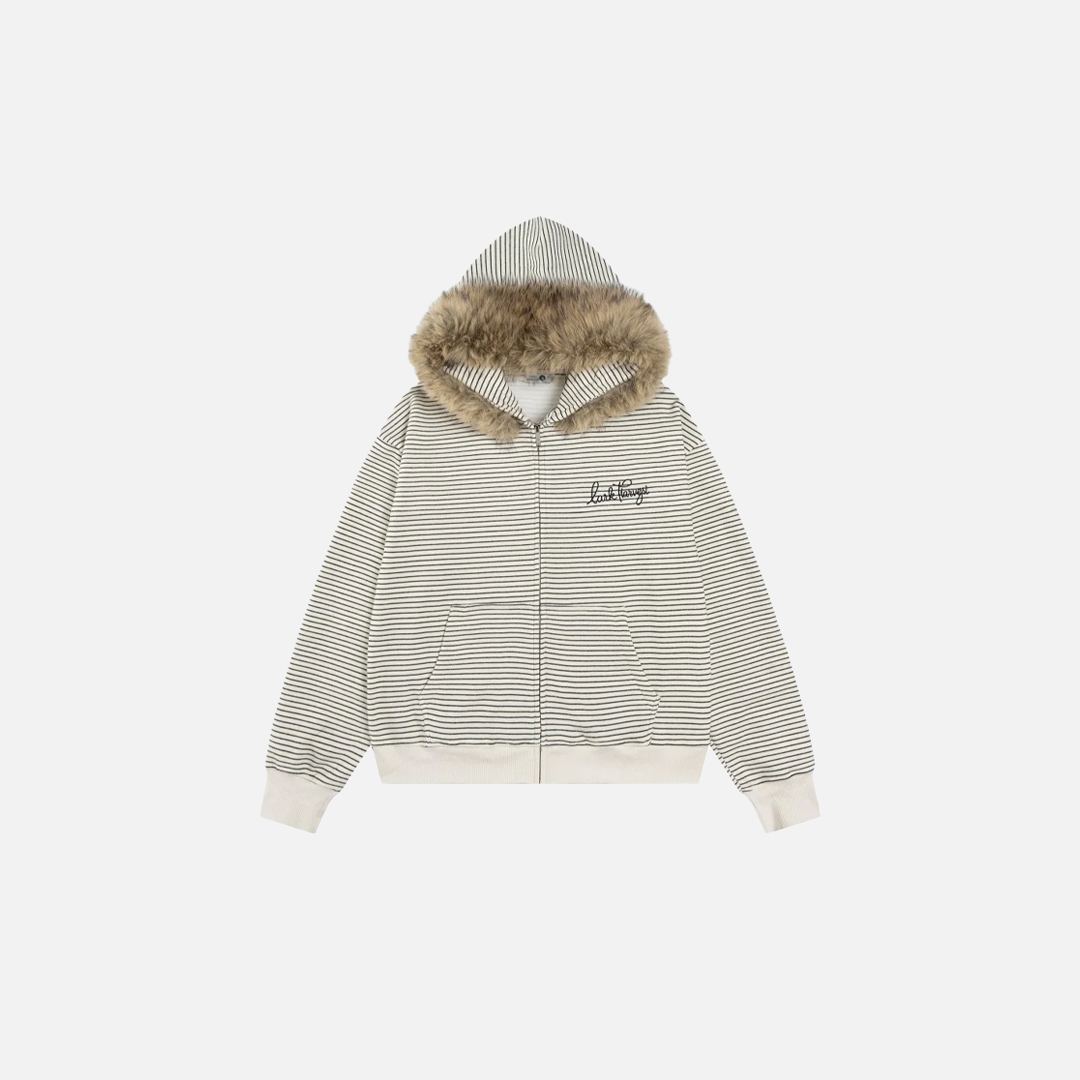 Cozy Striped Fleece Faux Fur Hooded Sweatshirt