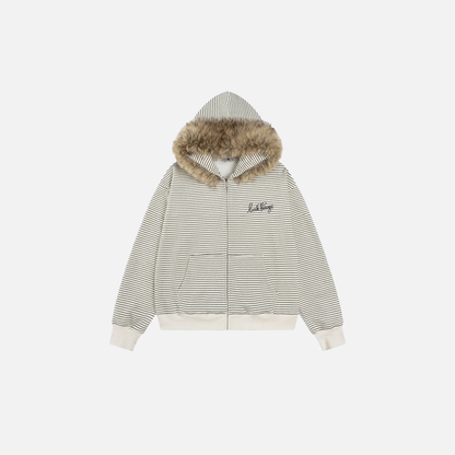Cozy Striped Fleece Faux Fur Hooded Sweatshirt