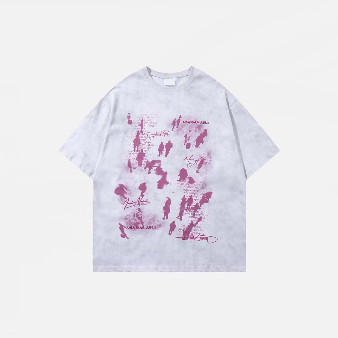 Front view of the white Graphic Printed Grunge T-Shirt in a gray background