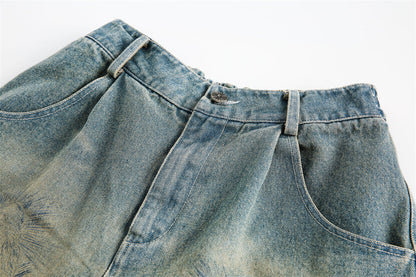 Abstract Printed Denim Shorts