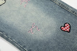 Cartoon Love Embroidery Denim Jeans