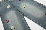 Cartoon Love Embroidery Denim Jeans