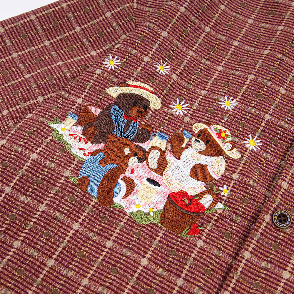 Plaid Hip Hop Bear Embroidered Shirt
