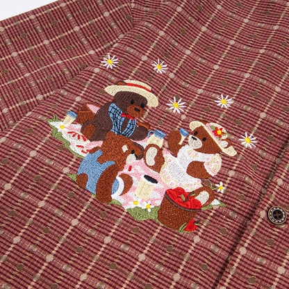 Plaid Hip Hop Bear Embroidered Shirt