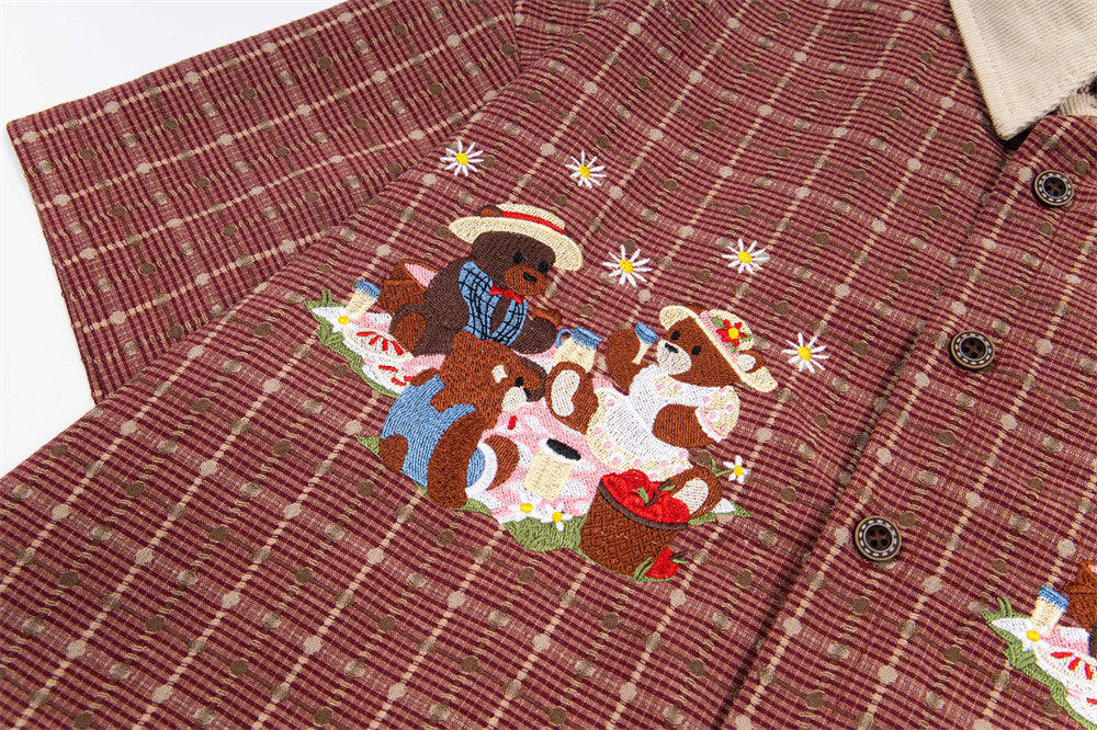 Plaid Hip Hop Bear Embroidered Shirt