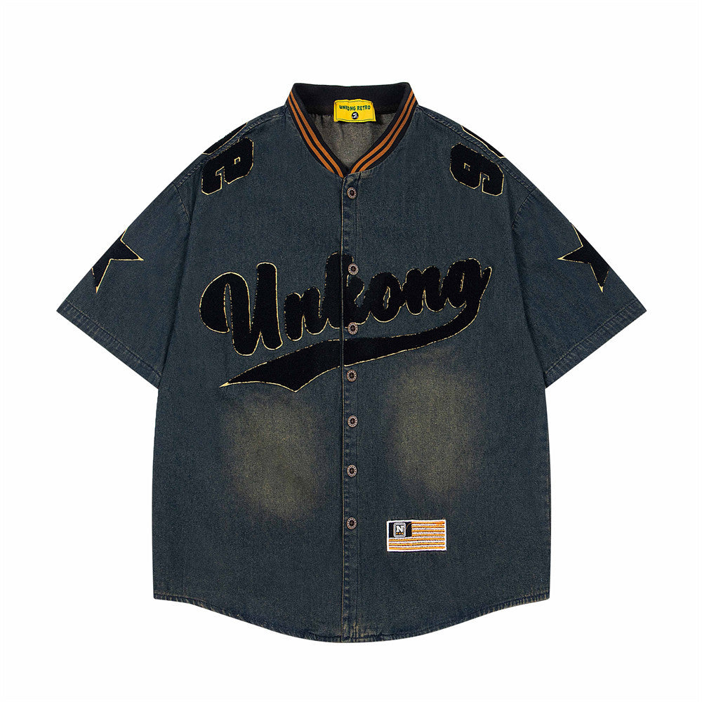 Vintage Embroidered Denim Short Sleeve Shirt
