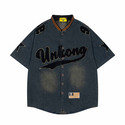 Vintage Embroidered Denim Short Sleeve Shirt
