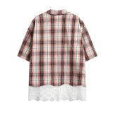 Plaid Lace Stitching Short Sleeve Shirt