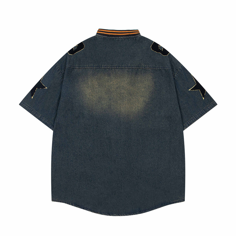 Vintage Embroidered Denim Short Sleeve Shirt