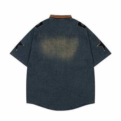 Vintage Embroidered Denim Short Sleeve Shirt