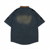 Vintage Embroidered Denim Short Sleeve Shirt