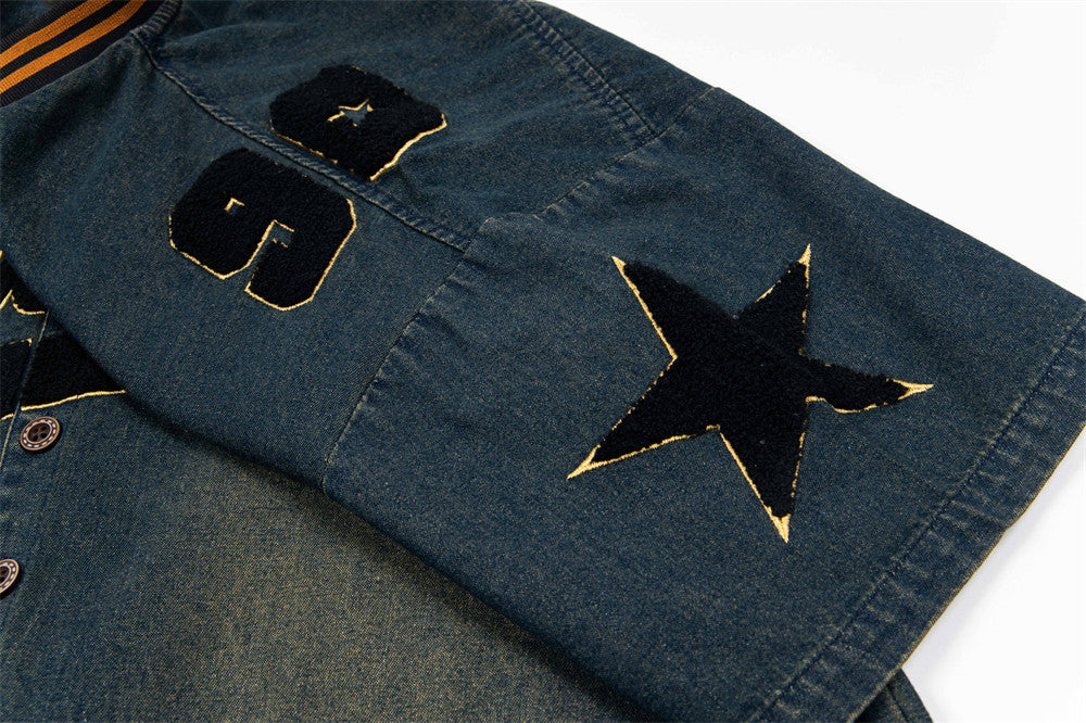 Vintage Embroidered Denim Short Sleeve Shirt
