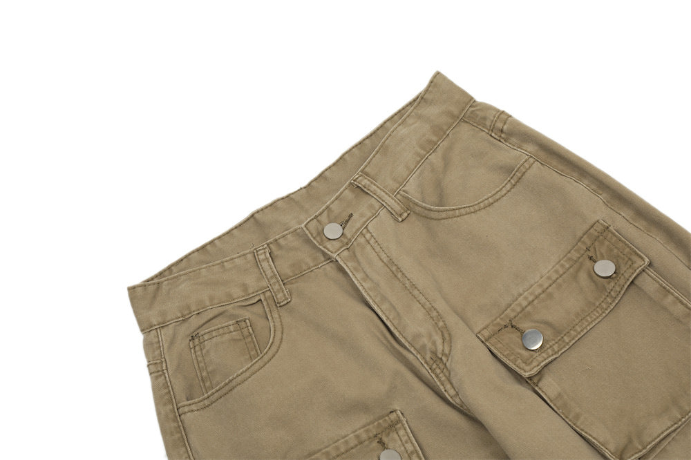 Vintage Washed Functional Multi-Pocket Straight Jeans