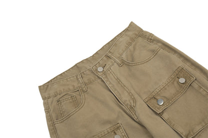 Vintage Washed Functional Multi-Pocket Straight Jeans