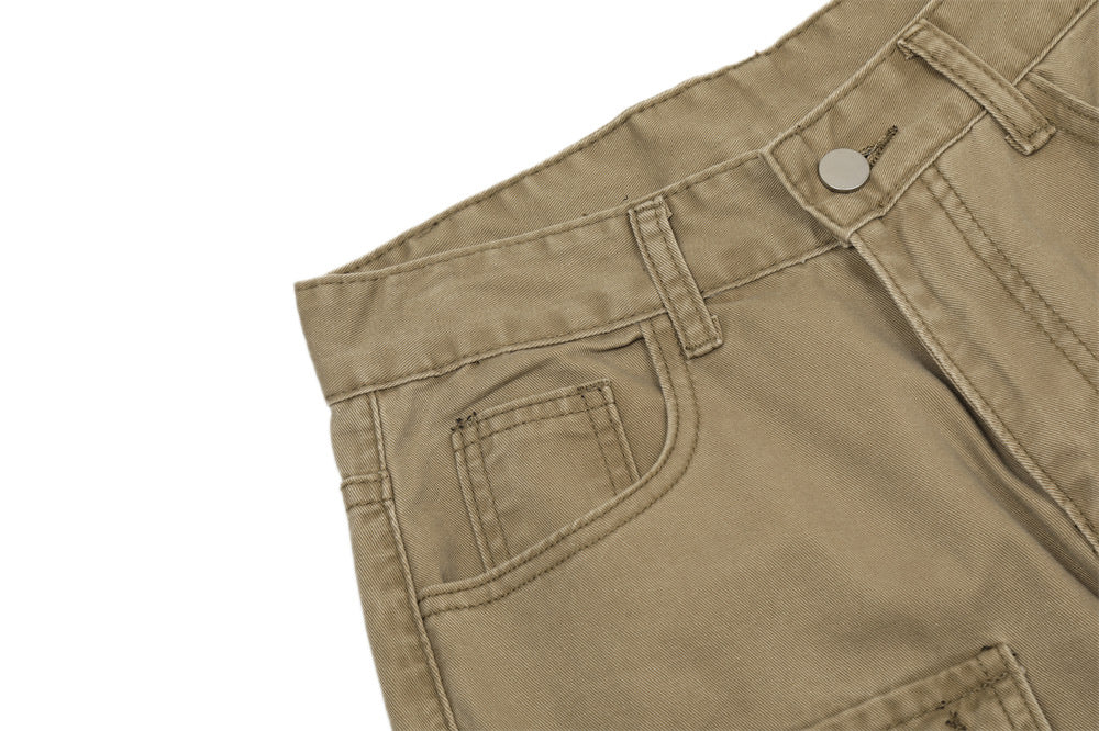 Vintage Washed Functional Multi-Pocket Straight Jeans