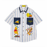 Embroidered Bear Cartoon Stripe Summer Shirt