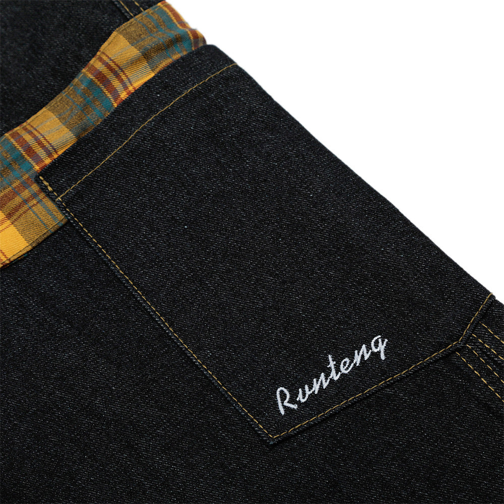 Trendy Irregular Contrast Plaid Denim Jump Suit