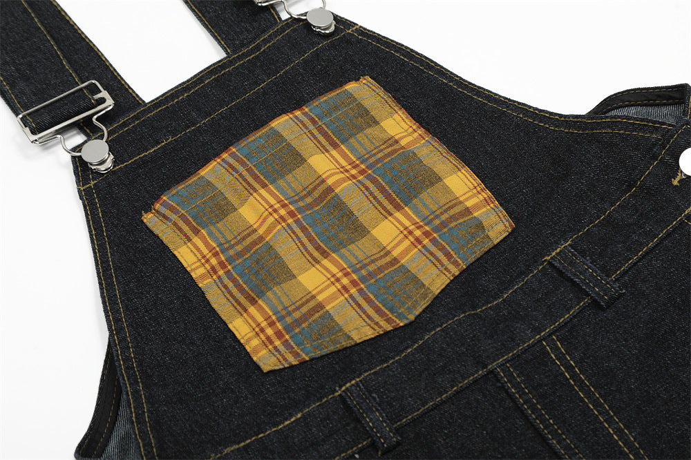 Trendy Irregular Contrast Plaid Denim Jump Suit