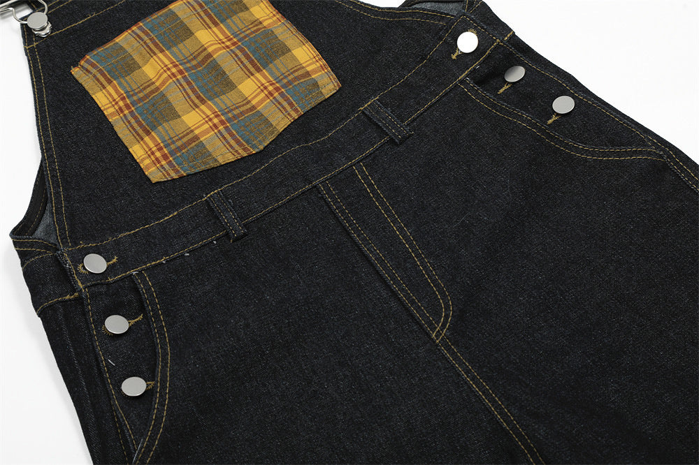 Trendy Irregular Contrast Plaid Denim Jump Suit