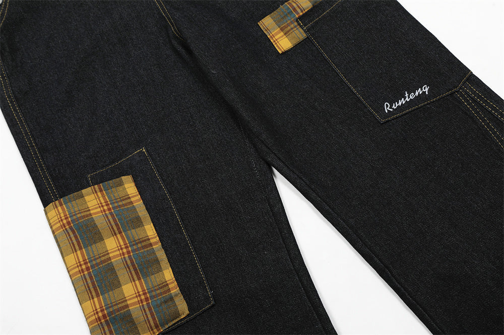 Trendy Irregular Contrast Plaid Denim Jump Suit