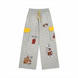 Casual Cartoon Embroidered Plaid Wide Pants