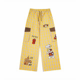 Casual Cartoon Embroidered Plaid Wide Pants
