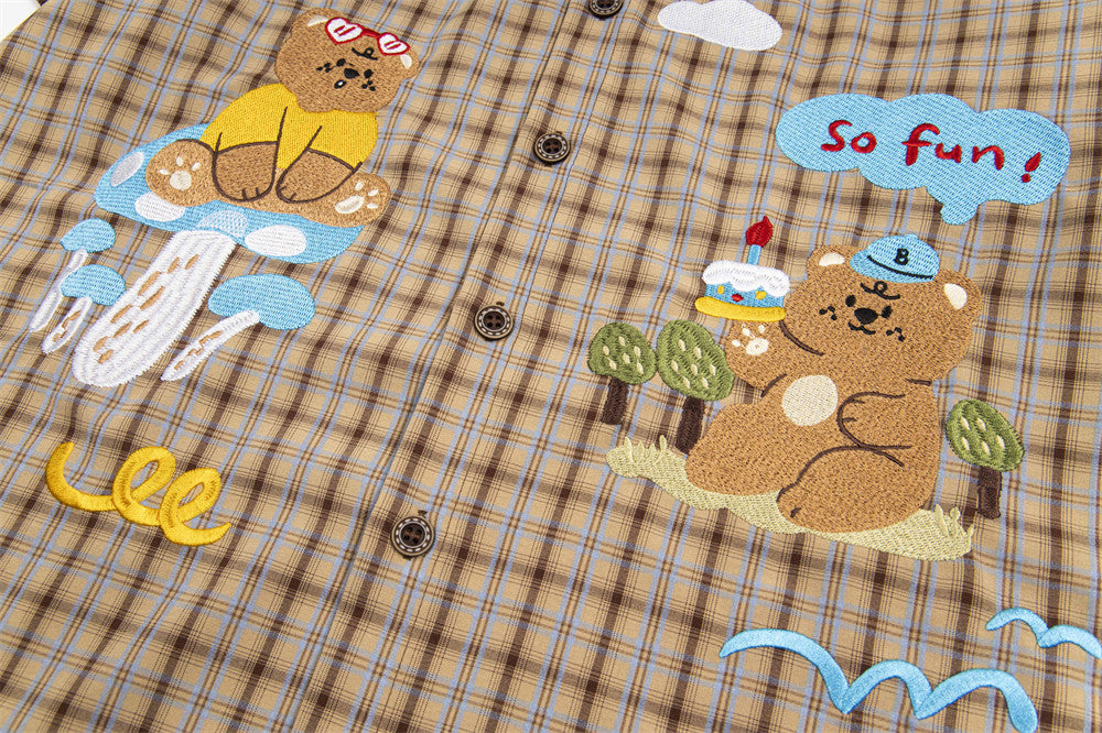 Loose Fun Cartoon Bear Plaid Shirt