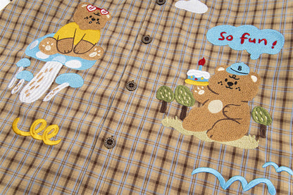 Loose Fun Cartoon Bear Plaid Shirt